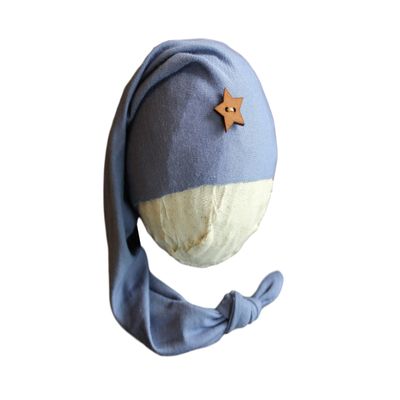 AMOS and SAWYER Knotted Sleeping Hat, Photography Prop (Newborn, Slate Blue - Star Button)