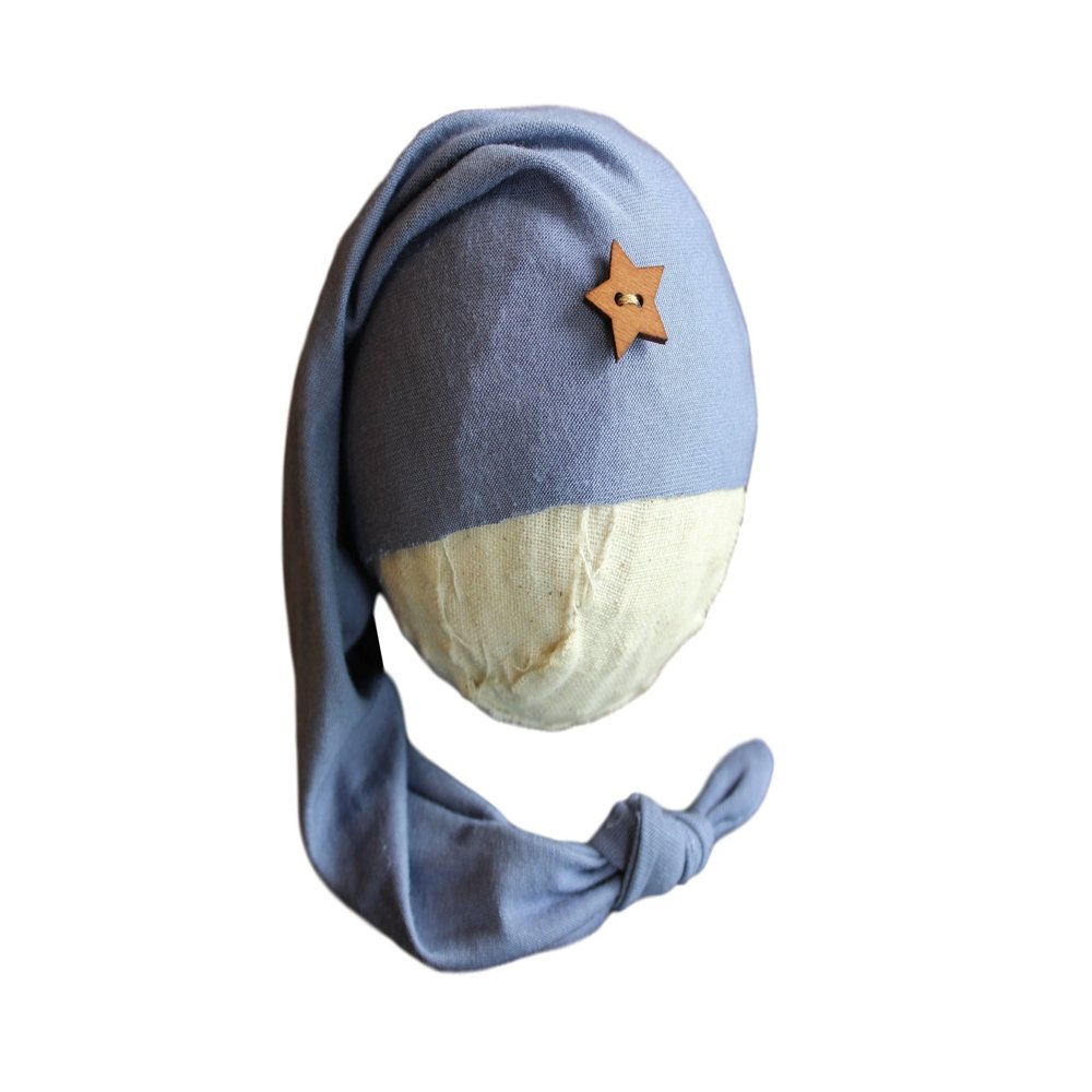 AMOS and SAWYER Knotted Sleeping Hat, Photography Prop (Newborn, Slate Blue - Star Button)