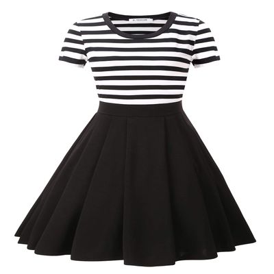 BI.TENCON Women's Black and White Striped Short Sleeves Vintage Flared Casual Dress Midi Length XL