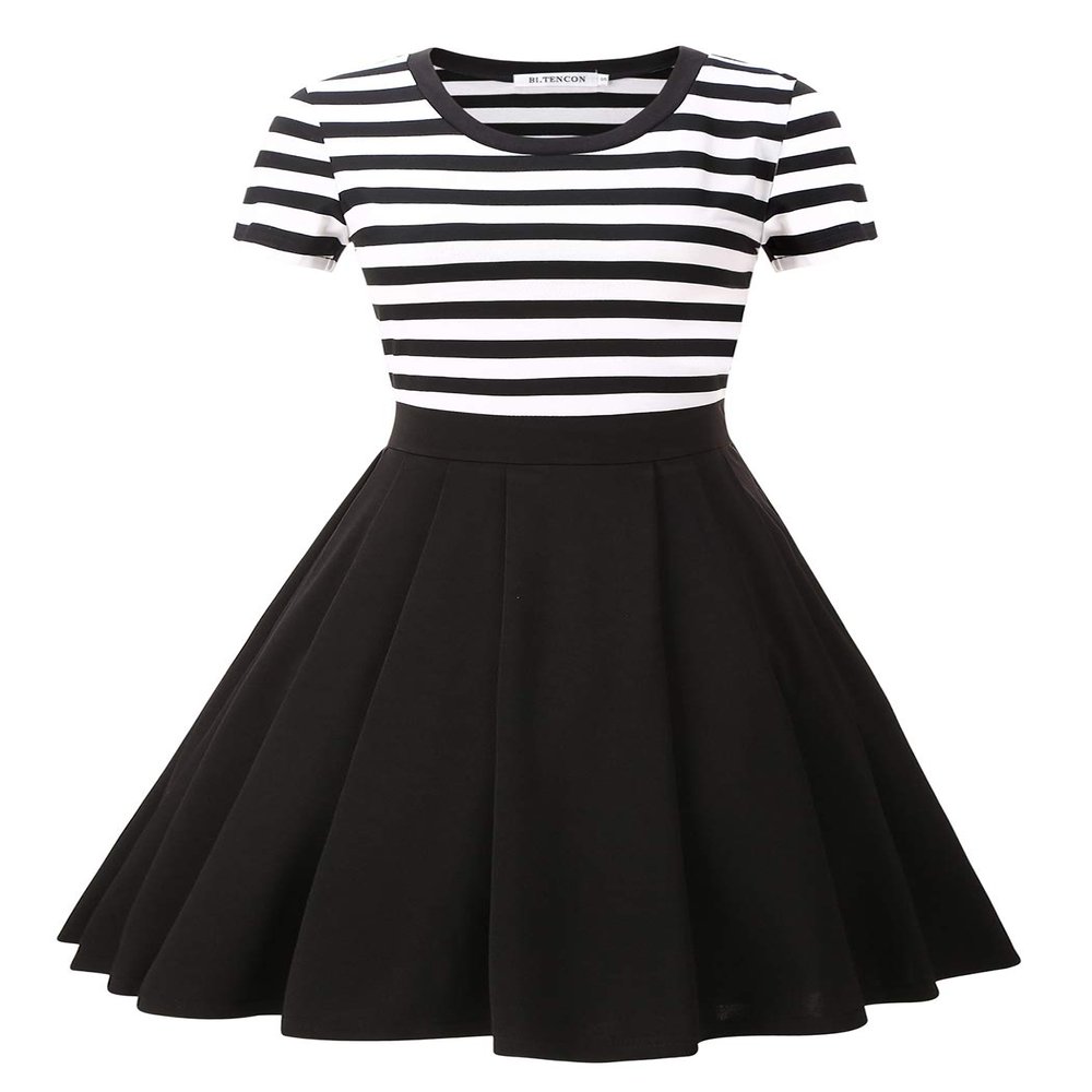 BI.TENCON Women's Black and White Striped Short Sleeves Vintage Flared Casual Dress Midi Length XL