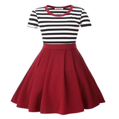 BI.TENCON Women's Striped Round Neck Short Sleeve Vintage Flared Red Casual Dress Midi Length 2XL