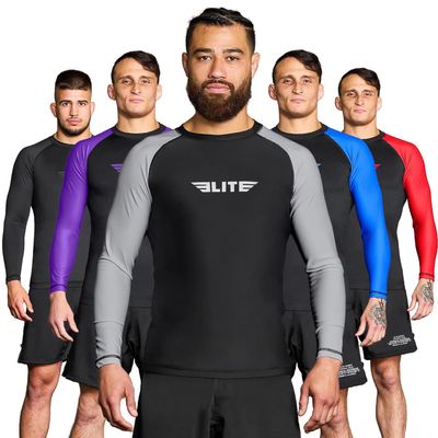 Elite Sports Men's Jiu Jitsu BJJ Rash Guard, Long Full Sleeve Compression Shirt for Sports Nogi Training Gray