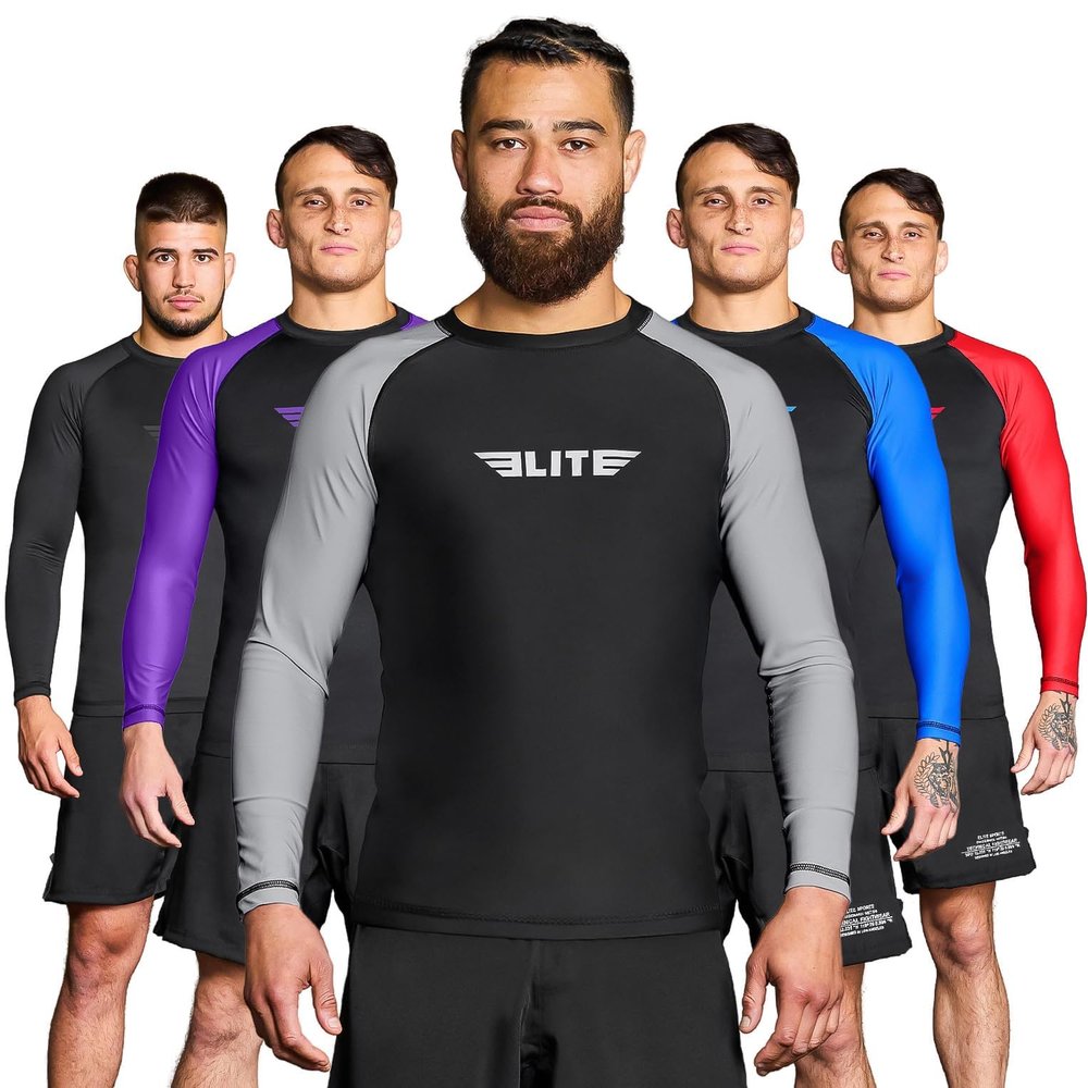 Elite Sports Men's Jiu Jitsu BJJ Rash Guard, Long Full Sleeve Compression Shirt for Sports Nogi Training Gray