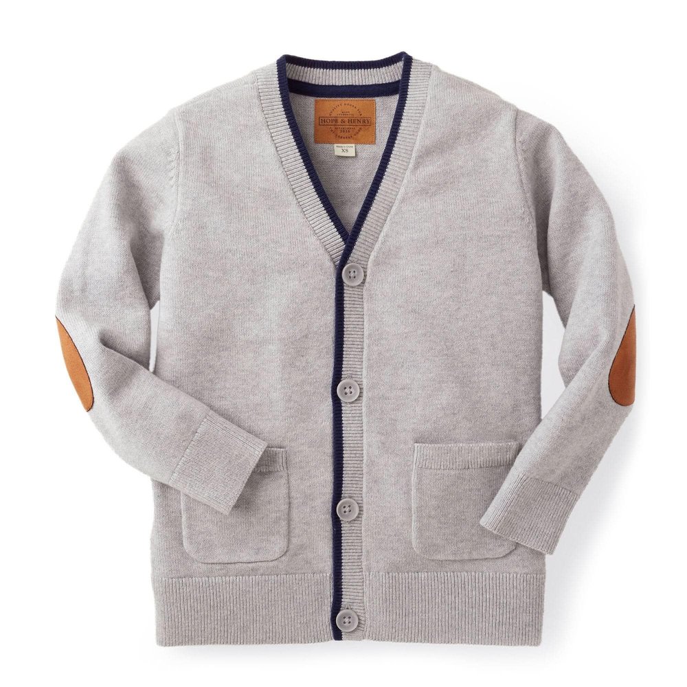 Hope & Henry Baby Boys' Organic Long Sleeve Tipped Cardigan Sweater, 6-12 Months, Light Gray Heather with Navy