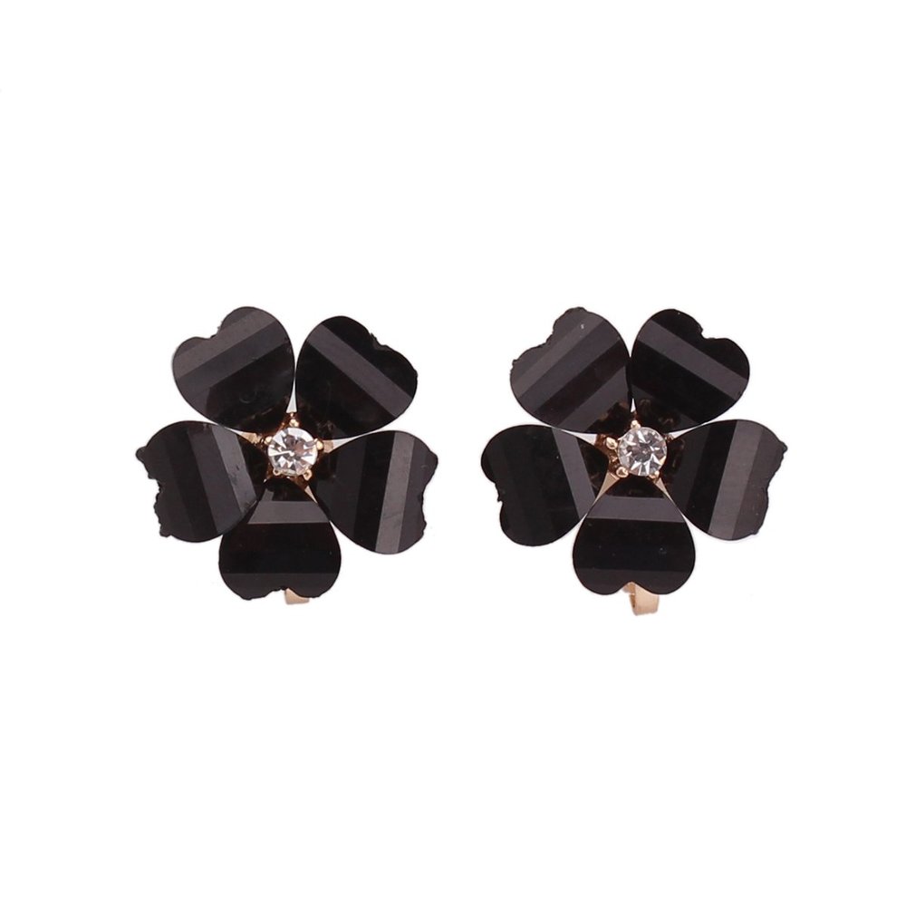 GRACE JUN Gold Plated Opal Flower Shape Clip on Earrings Non Piercing for Women Luxury Jewelry Cuff Earrings (Black)