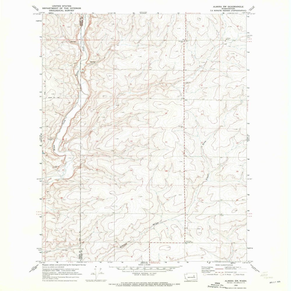 YellowMaps Almira SW WA topo map, 1:24000 Scale, 7.5 X 7.5 Minute, Historical, 1969, Updated 1972, 26.8 x 22 in - Tyvek