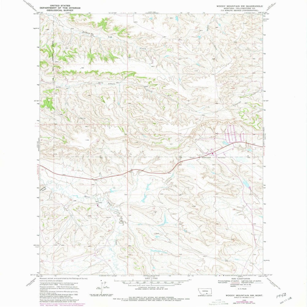 YellowMaps Woody Mountain NW MT topo map, 1:24000 Scale, 7.5 X 7.5 Minute, Historical, 1969, Updated 1980, 26.8 x 22 in - Tyvek
