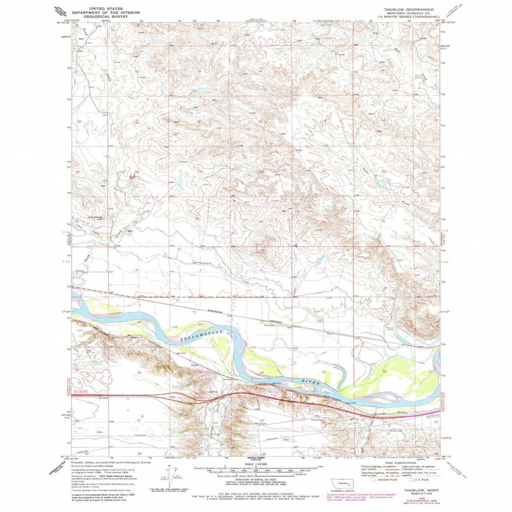 Thurlow MT topo map, 1:24000 Scale, 7.5 X 7.5 Minute, Historical, 1968, Updated 1985, 26.9 x 22 in - Tyvek