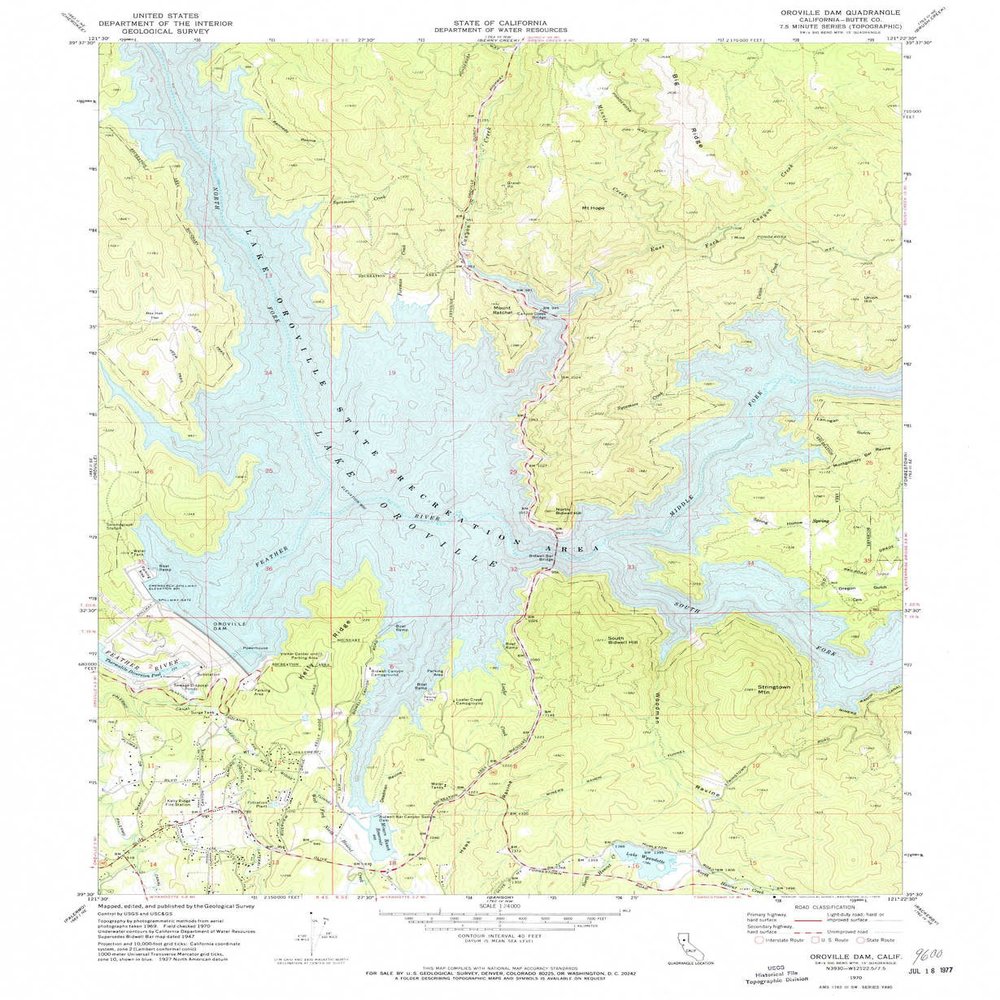 YellowMaps Oroville Dam CA topo map, 1:24000 Scale, 7.5 X 7.5 Minute, Historical, 1970, Updated 1973, 26.6 x 21.8 in - Tyvek