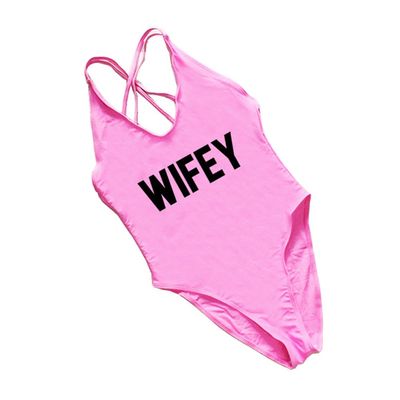2018 Wifey Funny Letters One Piece Swimsuits Women Sexy Baby Pink