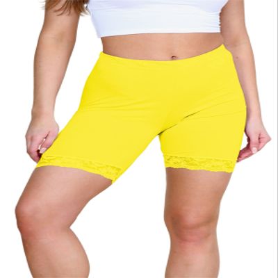 Womens Scallop Lace Trim Plain Gym Bike Tights Viscose Cycling Shorts Hot Pants Yellow