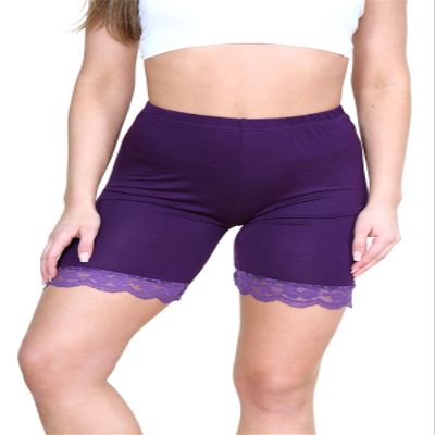 Womens Scallop Lace Trim Plain Gym Bike Tights Viscose Cycling Shorts Hot Pants Purple