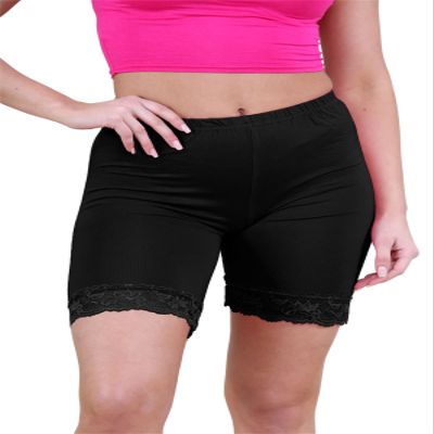 Womens Scallop Lace Trim Plain Gym Bike Tights Viscose Cycling Shorts Hot Pants Black
