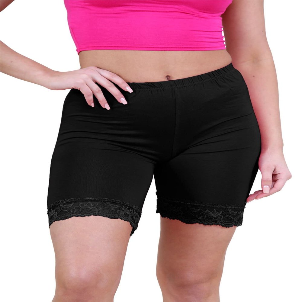 Womens Scallop Lace Trim Plain Gym Bike Tights Viscose Cycling Shorts Hot Pants Black