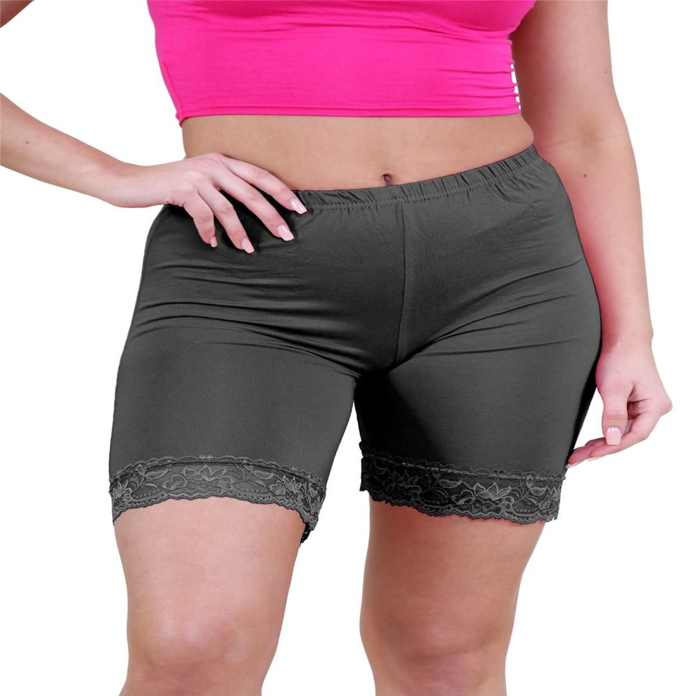 Womens Scallop Lace Trim Plain Gym Bike Tights Viscose Cycling Shorts Hot Pants Charcoal