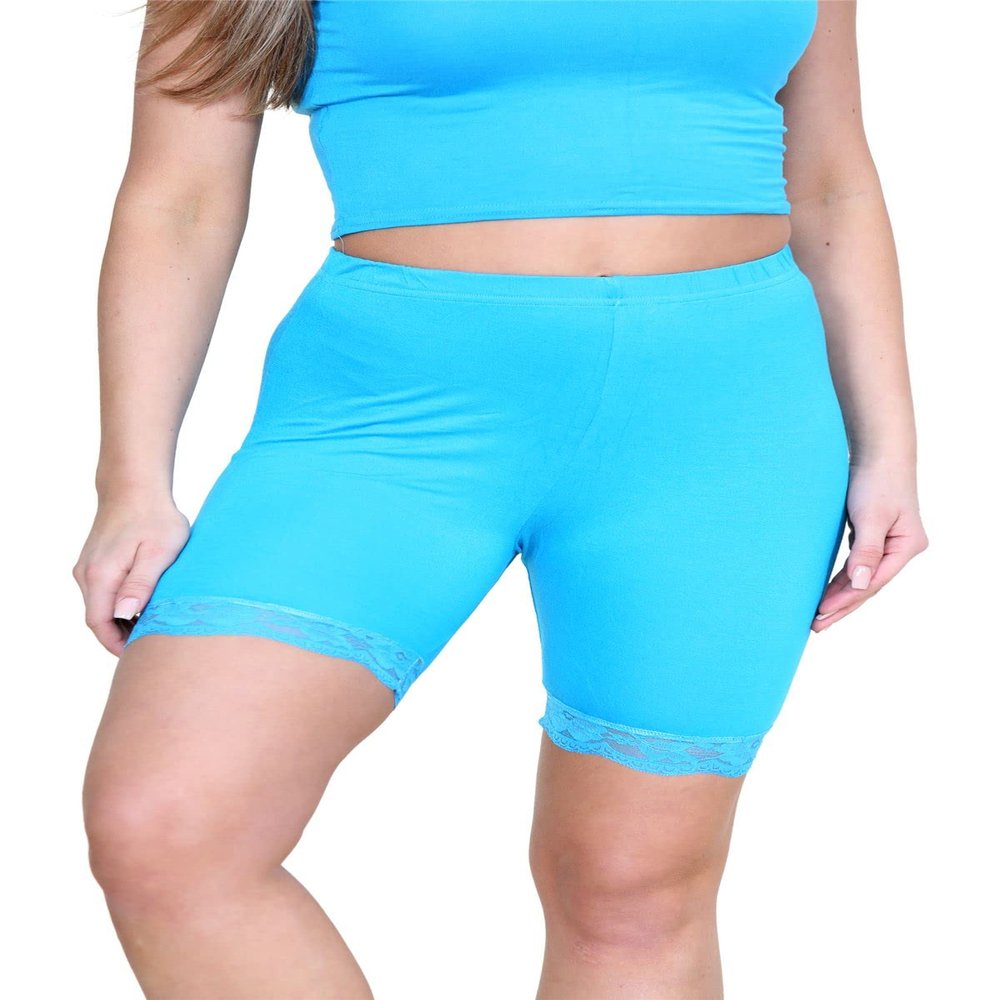 Womens Scallop Lace Trim Plain Gym Bike Tights Viscose Cycling Shorts Hot Pants Turquoise