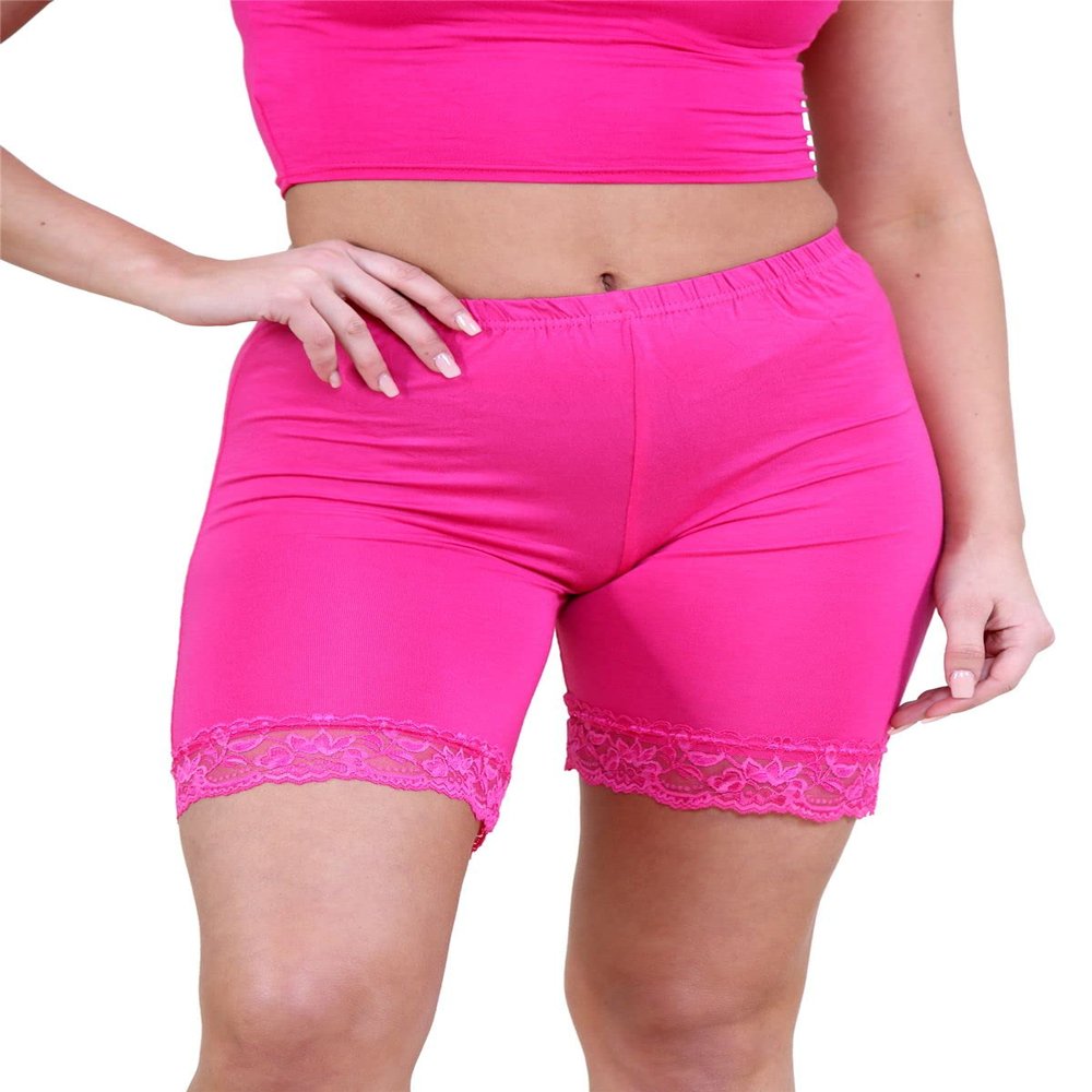Womens Scallop Lace Trim Plain Gym Bike Tights Viscose Cycling Shorts Hot Pants Cerise