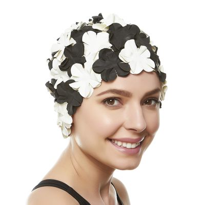 Latex Swim Cap - Women Stylish Swimming Cap Great for Ladies, Perfect to Keep Hair Dry - Suitable for Long Hair - Floral Petal Vintage Style - Black/White