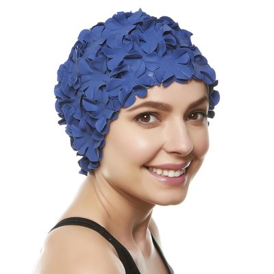 Latex Swim Cap - Women Stylish Swimming Cap Great for Ladies, Perfect to Keep Hair Dry - Suitable for Long Hair - Floral Petal Vintage Style - Navy