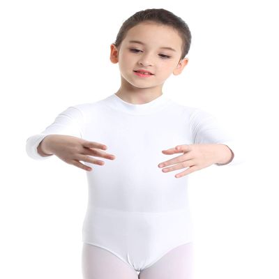 TiaoBug Girls Turtleneck Spandex Long Sleeve Leotard Keyhole Back Ballet Gymnastic Dance Bodycon Bodysuit Tops White 8-10