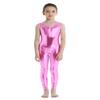 YiZYiF Kids Girls Full Length Gymnastic Unitard Long Sleeve Ballet Dance Leotard Child Shiny Tight Dance Gym Jumpsuit Pink 3-4 view 2
