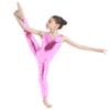 YiZYiF Kids Girls Full Length Gymnastic Unitard Long Sleeve Ballet Dance Leotard Child Shiny Tight Dance Gym Jumpsuit Pink 3-4 view 3