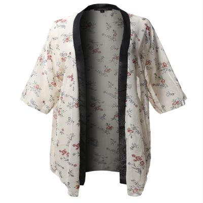 Floral Print 3/4 Sleeve Kimono Style Chiffon Cardigan White SM
