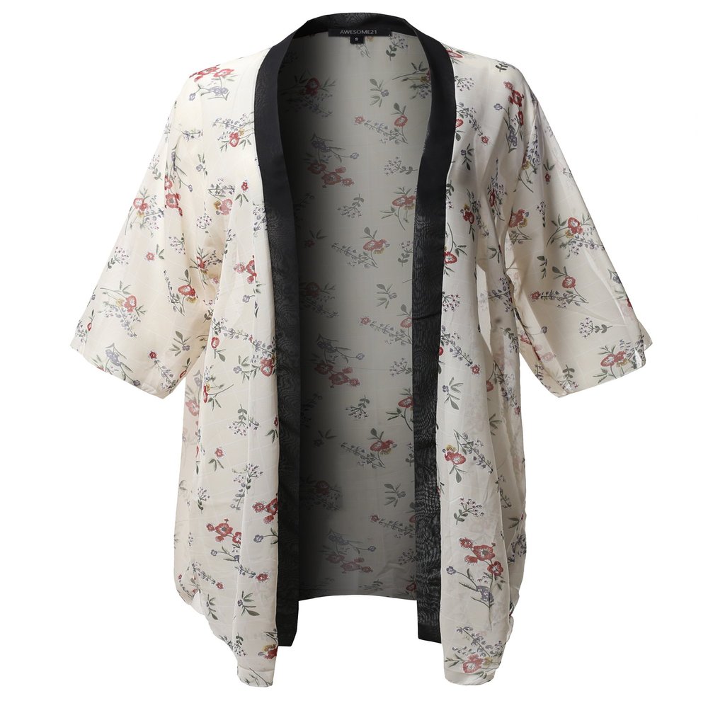 Floral Print 3/4 Sleeve Kimono Style Chiffon Cardigan White SM