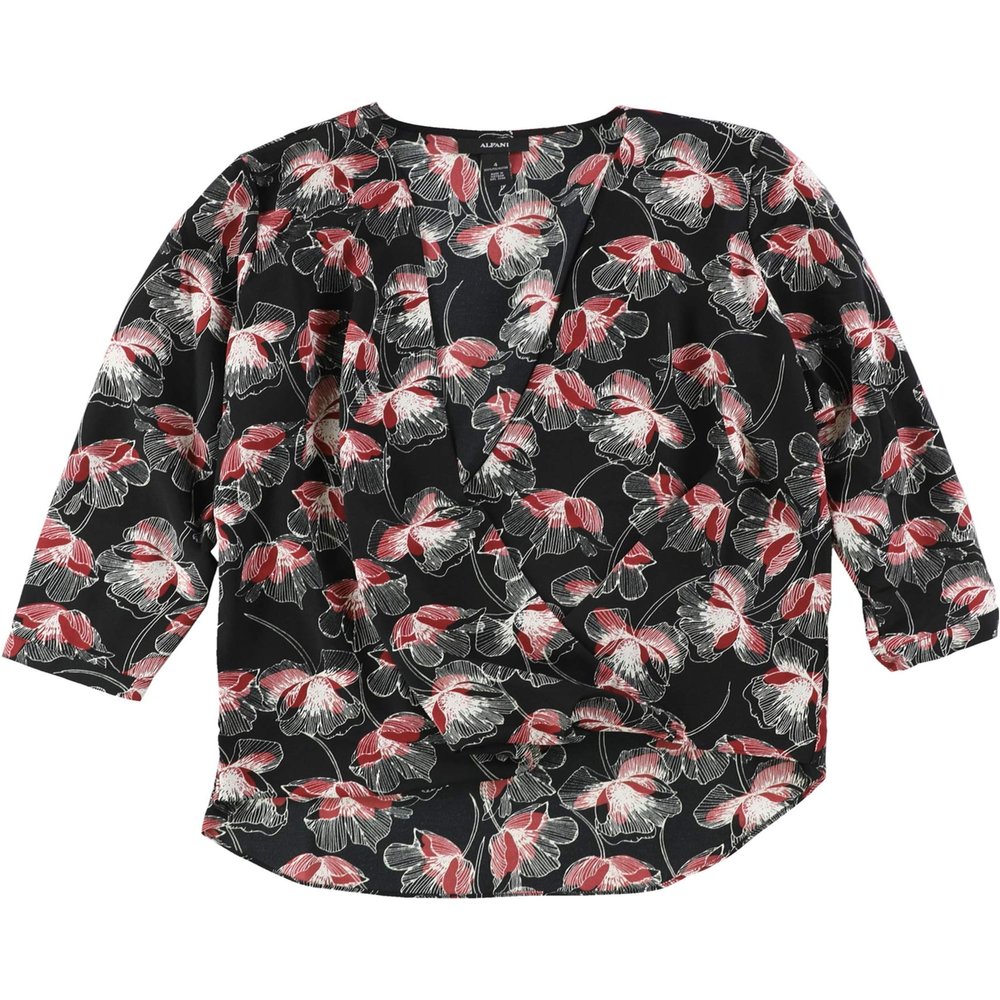 Alfani Womens Printed Knit Blouse, Black, 8
