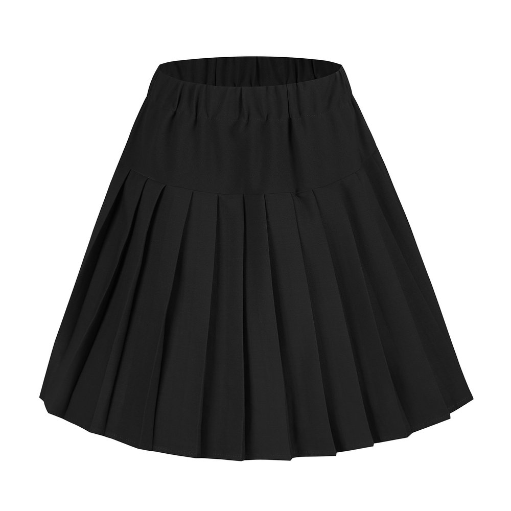 EXCHIC Women's A-Line Mini Skirt Stretchy High Waist Pleated Tennis Skirts Plaid School Uniform Dance Casual Wear (L, Black)