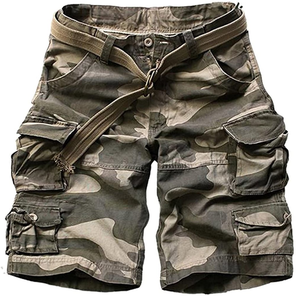 FOURSTEEDS Women's Cotton Loose Fit Multi-Pockets Camouflage Casual Twill Bermuda Cargo Shorts with Belt Dark Camo US 4