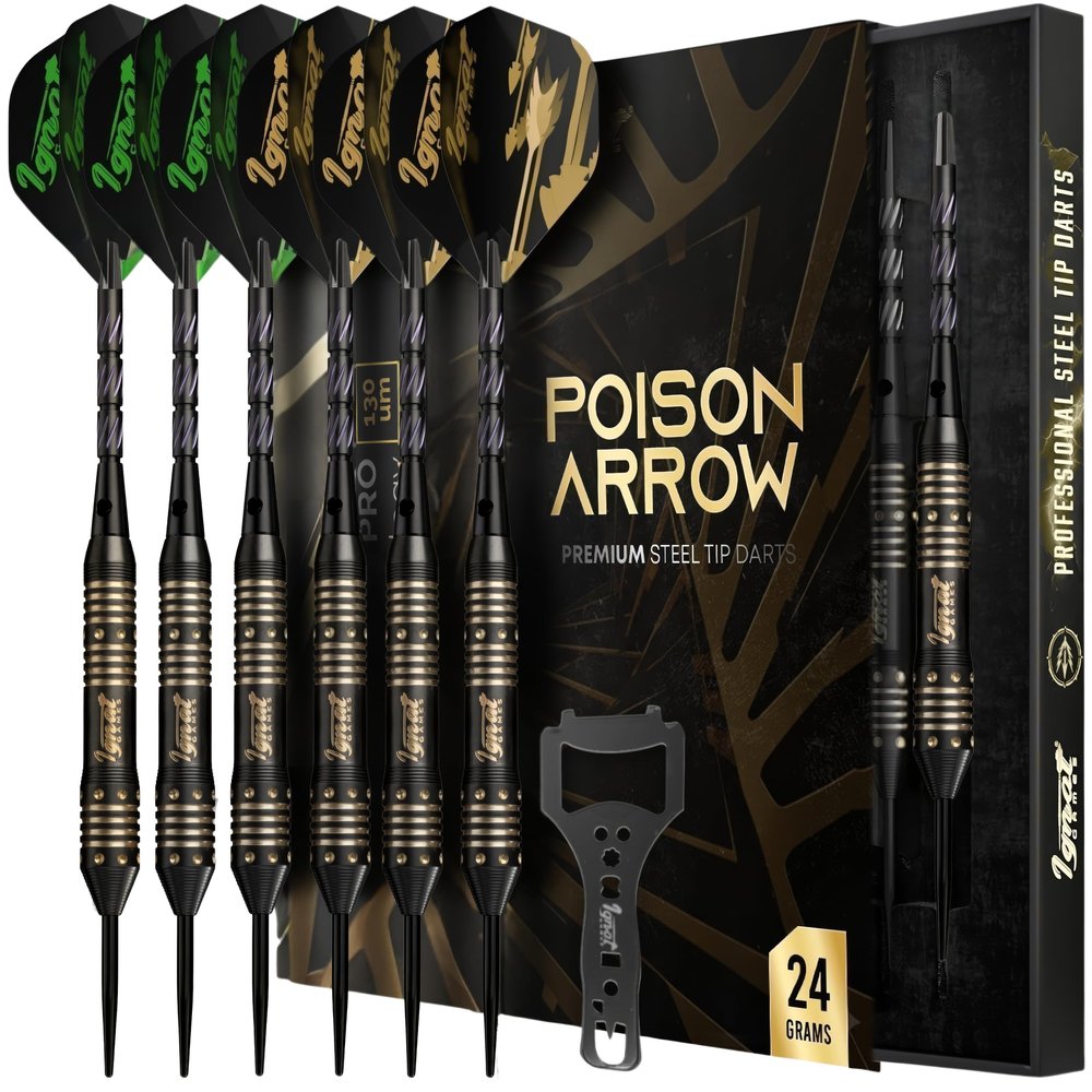 IgnatGames Steel Tip Darts Set - 6 Pack Premium 24 g Brass Barrels Darts Metal Tip Set with Aluminum Shafts, 16 pcs Standard & Slim GlideXPro Flights, Sharpener, Wrench & Exquisite Case