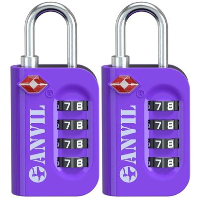 ANVIL TSA Approved Luggage Lock - 4 Digit Combination, 10,000 Combinations, Easy-Read Password Window, Travel Lock for Suitcases, Backpacks, Gym & Student Lockers, Baggage (Purple 2 Pack)
