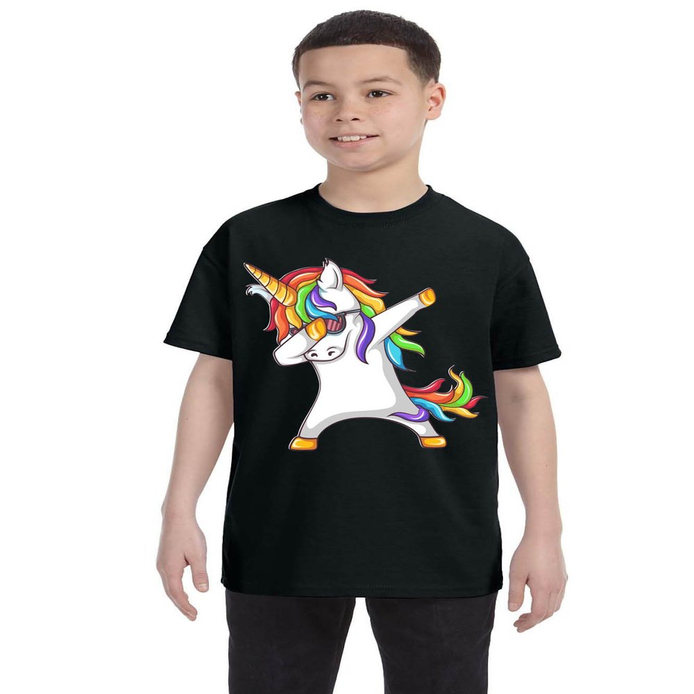 ALLNTRENDS Kids Youth T Shirt Dabbing Unicorn Cute Girly Dancer Tee Rainbow Dab (S, Black)