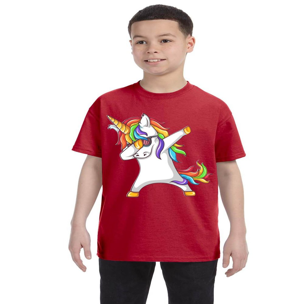ALLNTRENDS Kids Youth T Shirt Dabbing Unicorn Cute Girly Dancer Tee Rainbow Dab (S, Red)