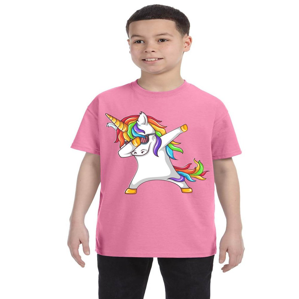 ALLNTRENDS Kids Youth T Shirt Dabbing Unicorn Cute Girly Dancer Tee Rainbow Dab (L, Azalea Pink)