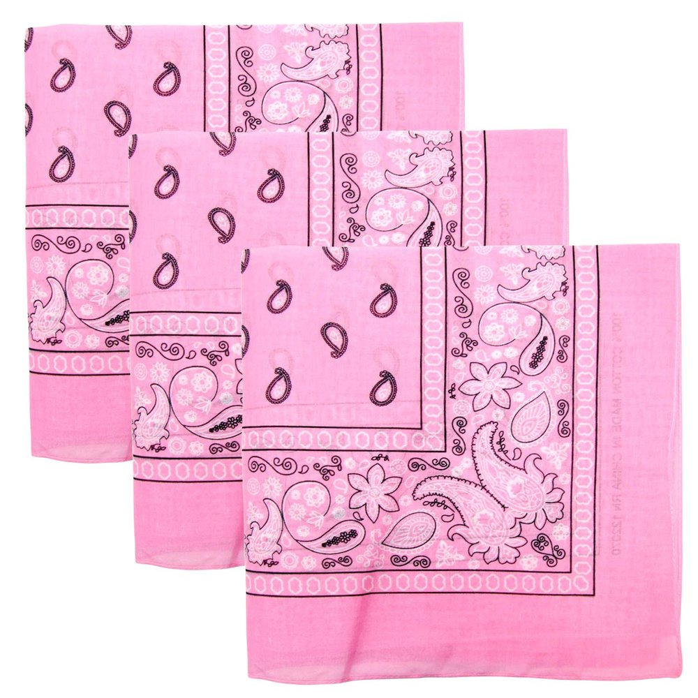 3 PK Cowboy Bandanas 100% Cotton 22 x 22 inch - Pink