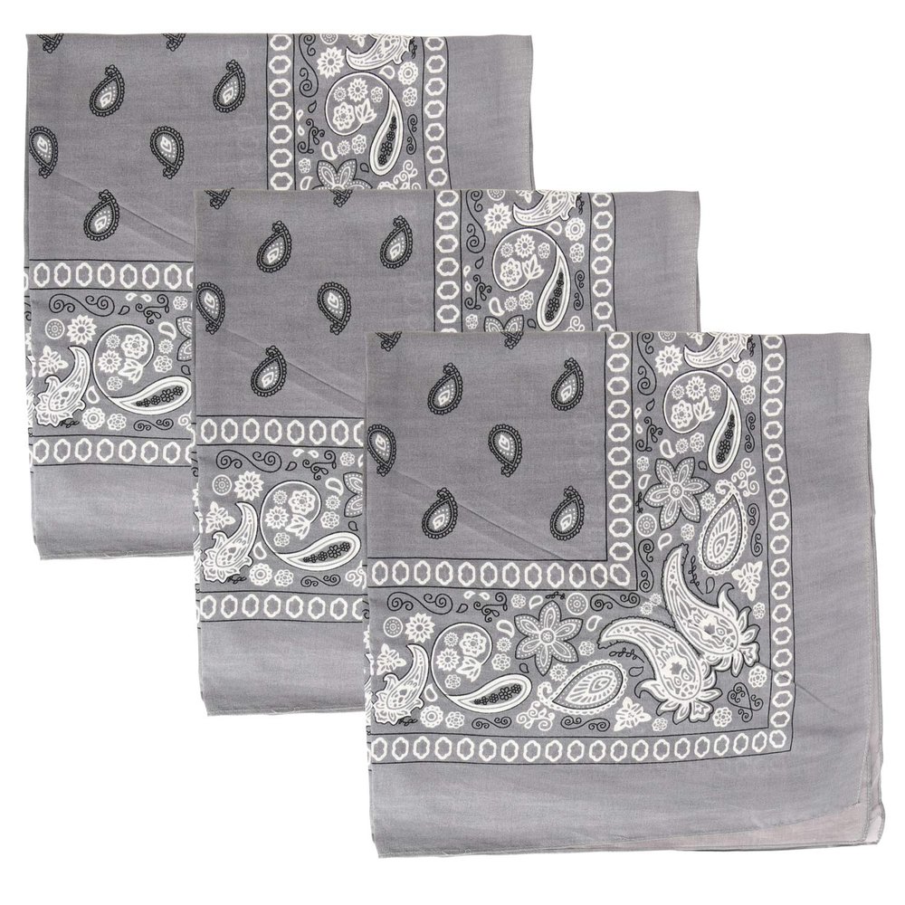 3 PK Cowboy Bandanas 100% Cotton 22 x 22 inch - Grey