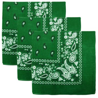 3 PK Cowboy Bandanas 100% Cotton 22 x 22 inch - Green