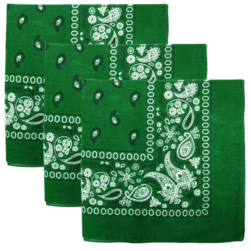 3 PK Cowboy Bandanas 100% Cotton 22 x 22 inch - Green
