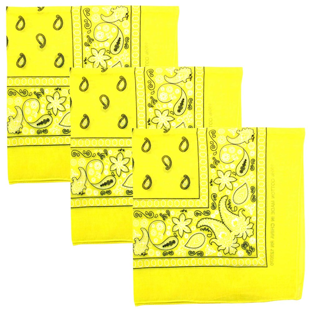 3 PK Cowboy Bandanas 100% Cotton 22 x 22 inch - Yellow