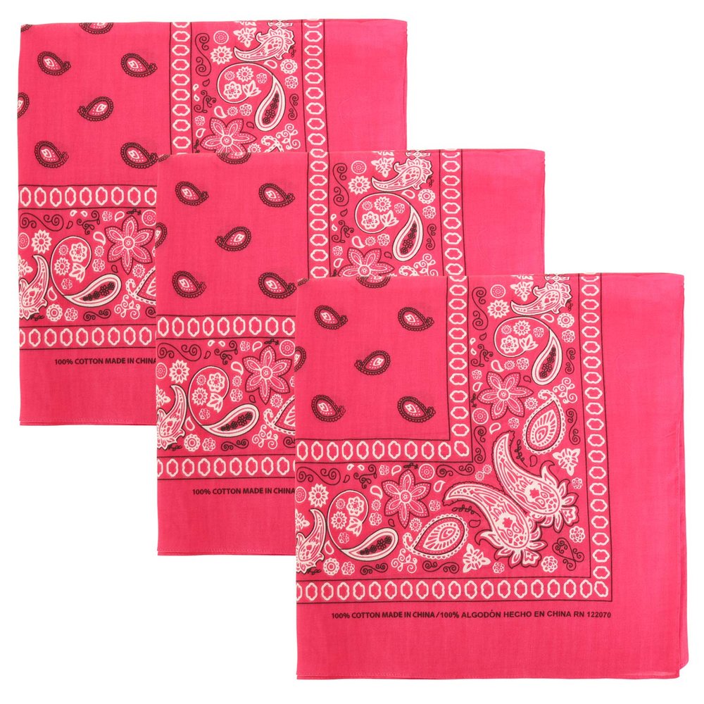 3 PK Cowboy Bandanas 100% Cotton 22 x 22 inch - Fuchsia