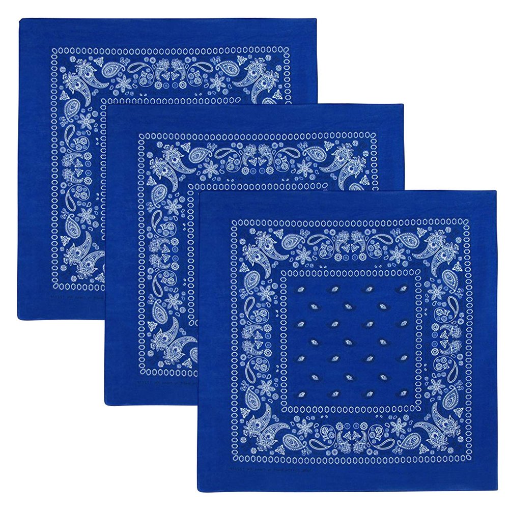 3 PK Cowboy Bandanas 100% Cotton 22 x 22 inch - Royal
