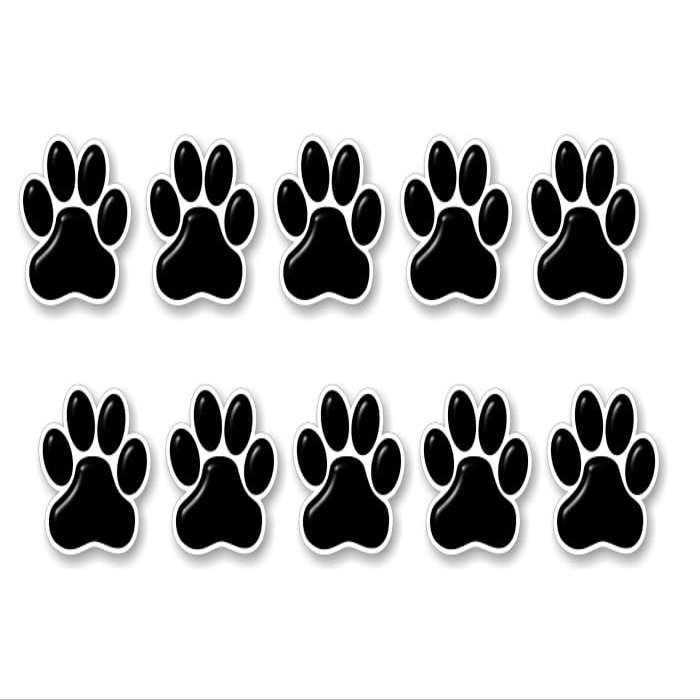 10 Dog Paw Prints 2" Black w/White Outline Decals Puppy Foot Print Cat Vinyl Stickers for Car Truck or SUV Decal (Black w/White Outline)