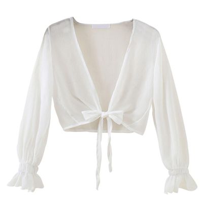 Trendy XU Elegant Long Sleeve Thin Chiffon Open Front Cardigan Cropped Solid Jacket (White)