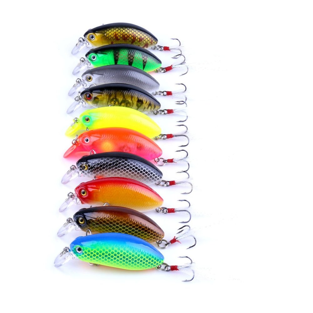 LENPABY 10Pcs Hard Plastic 3D Eyes Minnow Fishing Lures Bass CrankBait Tackle Hard Lure with Classic Treble Fishing Hooks and Flasher Fish Skin Feathers 6CM/9.6G
