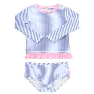 RuffleButts Girls Periwinkle Seersucker Long Sleeve Rash Guard Bikini - 7