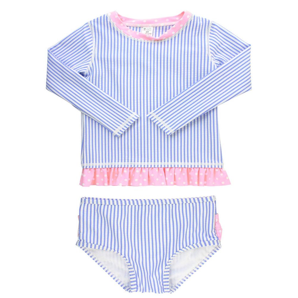 RuffleButts Girls Periwinkle Seersucker Long Sleeve Rash Guard Bikini - 7