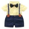Abolai Baby Boy Summer Cotton Gentleman Short Sleeve Bowtie Romper Suspenders Shorts Outfit Set Style2 Yellow 95 view 1