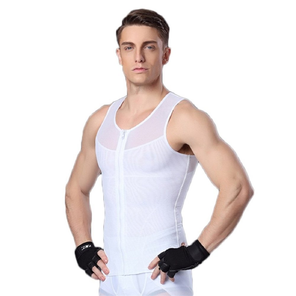 Bakerdani Mens Slimming Body Shaper with Zipper Compression Shirt Slim Shapewear White